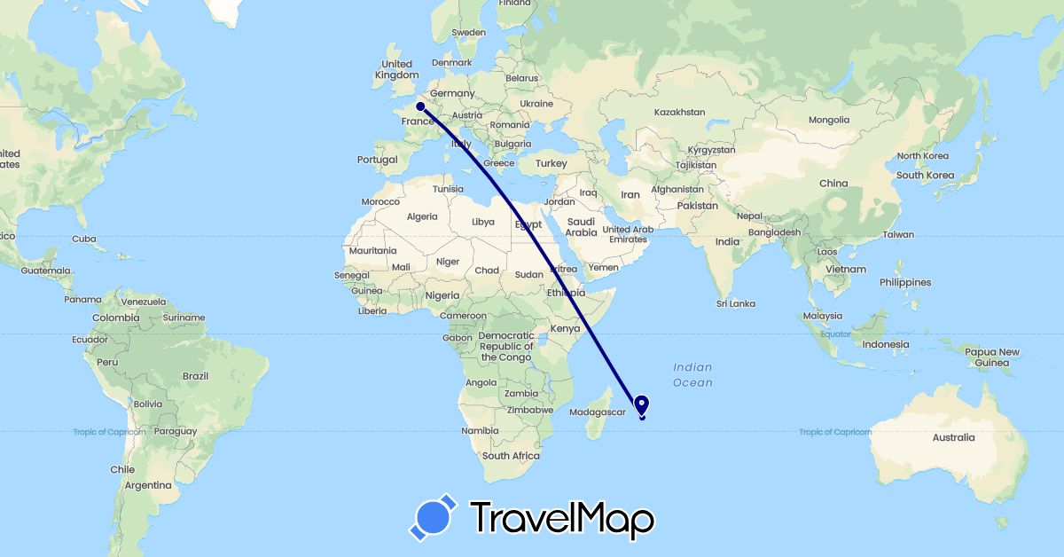 TravelMap itinerary: driving in France, Mauritius (Africa, Europe)